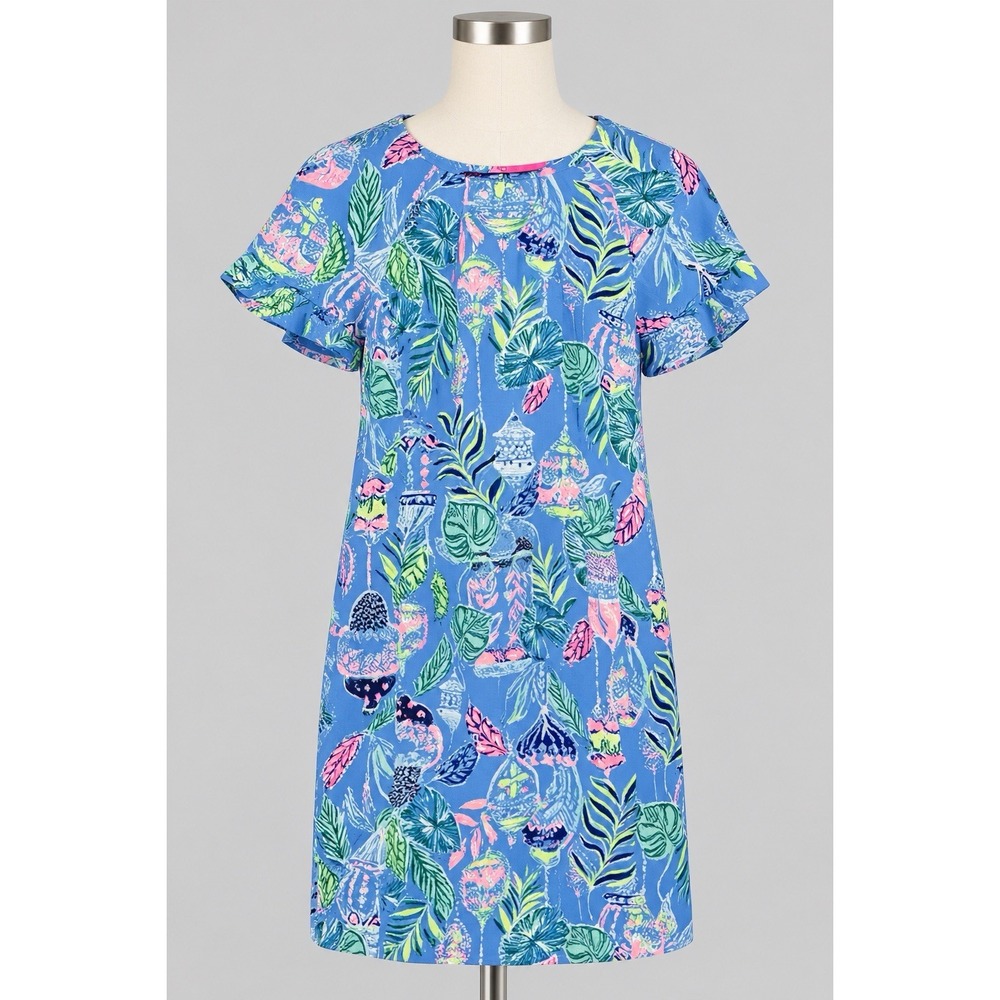 Lilly Pulitzer Dress Women 0 Blue Floral Lanterns Tropical Vacation Colorful NEW